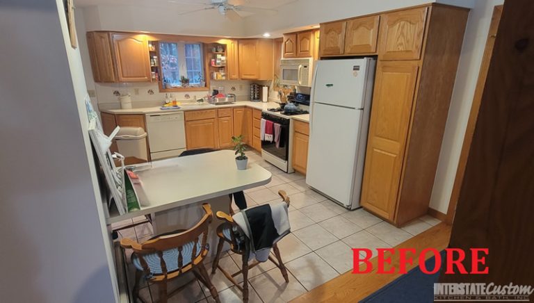 Before view of the Eat-in Country Kitchen showcasing the original layout and cabinetry. Project by Interstate Custom Kitchen & Bath, Inc.