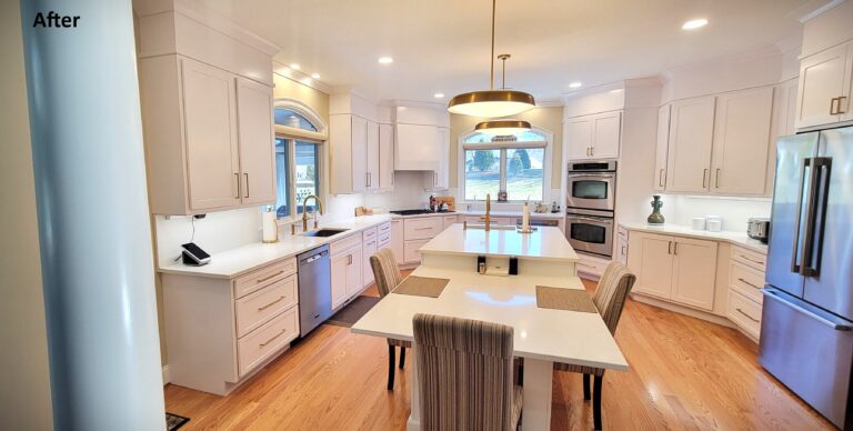 Bright white kitchen remodel with shaker cabinets, quartz countertops, gold fixtures, and large island with seating