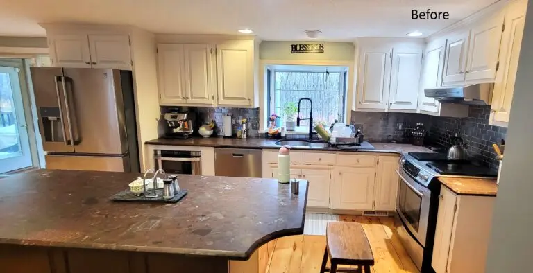 Before kitchen wide view with peninsula seating, laminate countertops, and older cabinetry in East Longmeadow MA